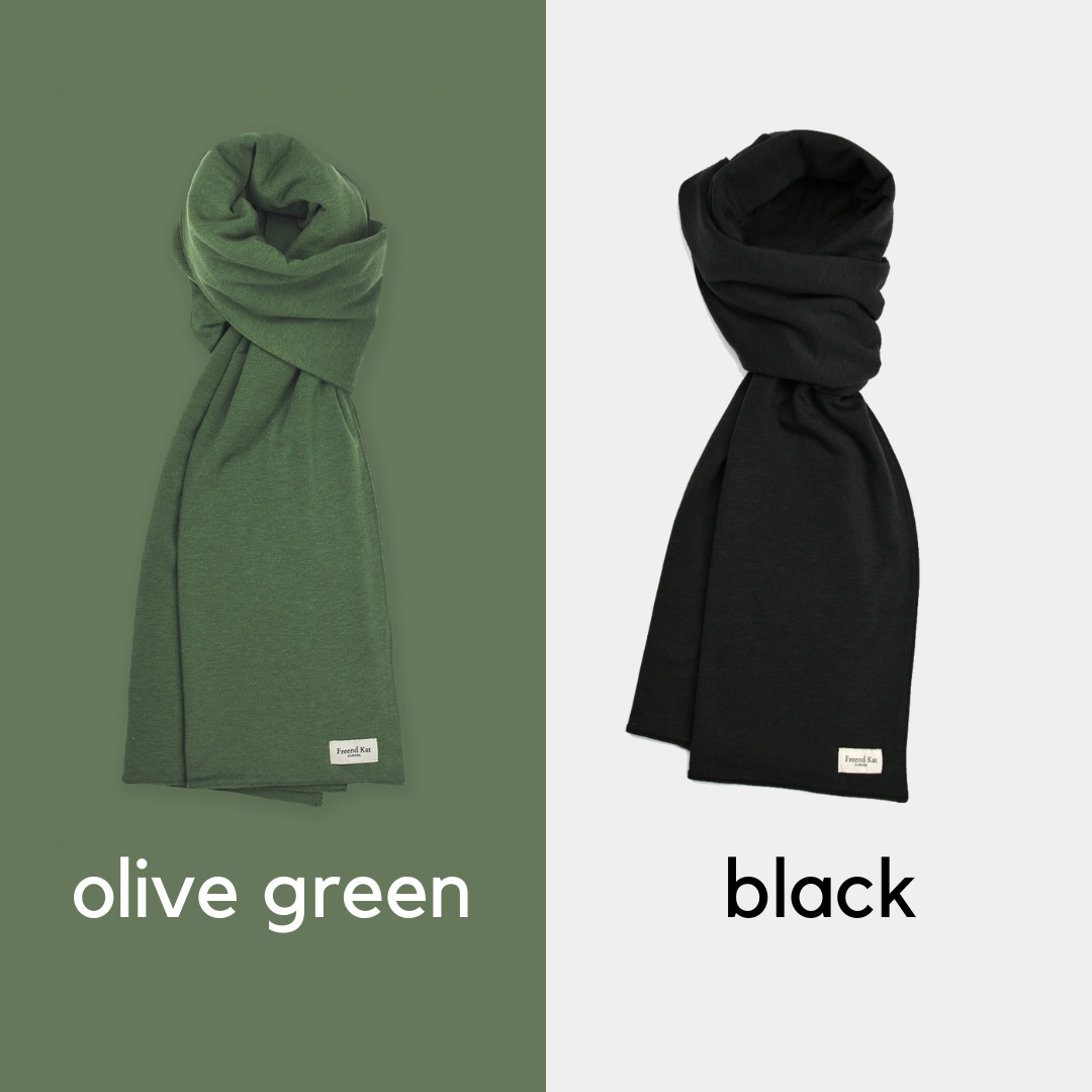 Full size photos of two Anytime Cold Weather Scarves, one in Black and another in Olive Green